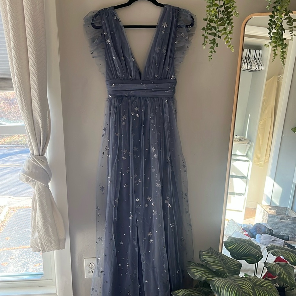 Boutique brand full length grey/purple dress with snowflake/star sparkles.